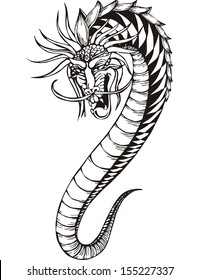 Oriental legless dragon. Black and white vector illustration.