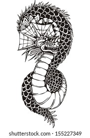 Oriental legless dragon. Black and white vector illustration.