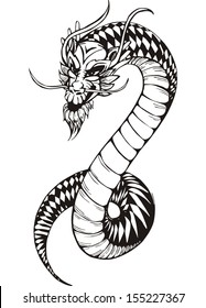 Oriental legless dragon. Black and white vector illustration.