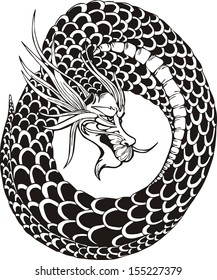 Oriental legless dragon. Black and white vector illustration.