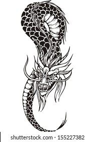 Oriental legless dragon. Black and white vector illustration.