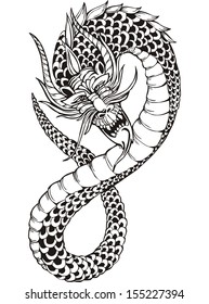 Oriental legless dragon. Black and white vector illustration.