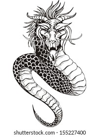 Oriental legless dragon. Black and white vector illustration.