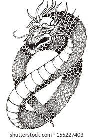 Oriental legless dragon. Black and white vector illustration.