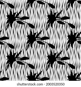 Oriental Lily and black wavy stripes.  Seamless pattern of flowers and buds. Vector illustration.