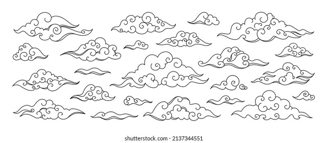 Oriental line clouds. Chinese and Japanese cloudy shapes. Cloudscape elements design for print. Sky precipitation. Stratocumulus and cumulus. Blowing wind. Vector traditional drawing set