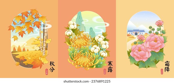 Oriental line style of autumn season with nature landscape, floral and traditional building. Text Translation: Mid August. Autumn Equinox. September. Cold Dew. Mid September. Frost Descent.