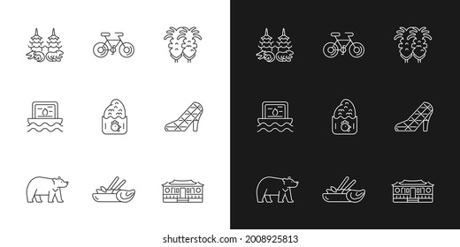 Oriental linear icons set for dark and light mode. Taiwanese national recreational stuff demonstration. Customizable thin line symbols. Isolated vector outline illustrations. Editable stroke