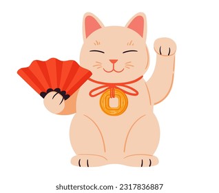 Oriental lucky cat. Japanese fortune maneki neko cat, traditional richness and fortune cat toy flat vector illustration