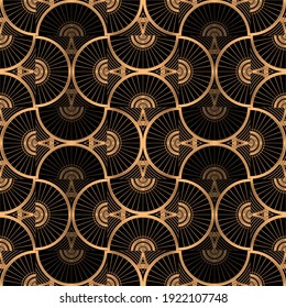 Oriental luxury background pattern seamless vector. Art deco gold black texture with vintage motif. Asian scale design print.