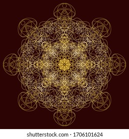 Oriental luxury Mandala pattern isolated on red background. Vintage decorative element. Vector abstract elegant golden contour ornament. Geometric gold logo template. Design for invitation, fabric.