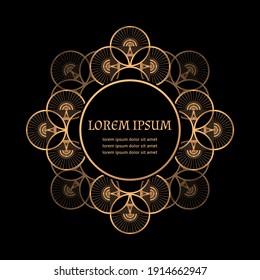 Oriental luxury mandala pattern vector frame. Gold black art deco vintage label. Eastern royal design for wedding party invitation, beauty spa salon, yoga studio flyer, save the date, christmas card.