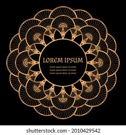 Oriental luxury mandala pattern vector frame. Gold black art deco vintage label. Floral golden design for wedding party invitation, beauty spa salon, yoga studio flyer, save the date, christmas card.