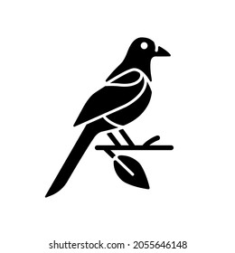 Oriental magpie black glyph icon. Azure robin. Flying bird. Taiwan wildlife. Wild animal. Protected species. Korean culture. Silhouette symbol on white space. Vector isolated illustration