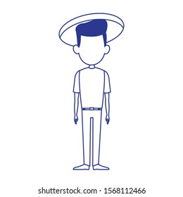 oriental man standing and wearing a hat over white background, vector illustration