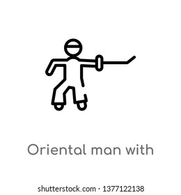 oriental man with a sword vector line icon. Simple element illustration. oriental man with a sword outline icon from sports concept. Can be used for web and mobile