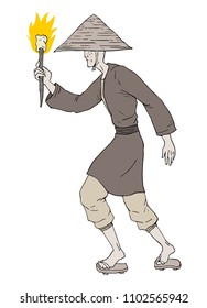 oriental man walking with torch in his hand