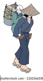 Oriental man walking with wise old man in his back