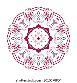 Oriental mandala design decorative element. Symmetric red round ornament. Abstract doodle. Good for cards, invitations, party, bag, t-shirt, marketing materials. Coloring page. Vector illustration