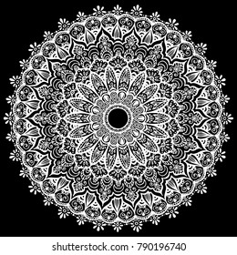 Oriental mandala lace. White vector arabic pattern on black background.