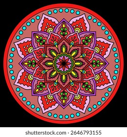 oriental mandala motif, circular pattern, vector hand drawn doodle, Ethnic mandala with colorful tribal ornament. Isolated. Bright colors. Red, purple, blue, gold, vintage design, tattoo, decoration