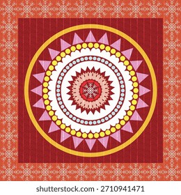 Un patrón de tela de mandala rojo-naranja con detalles geométricos en capas, con triángulos, puntos y un copo de nieve central, rodeado de bordes repetitivos de copos de nieve para un clima cálido