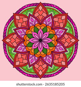 oriental mandala motif on pink background, Vintage decorative elements. Oriental pattern, vector illustration. Islam, Arabic, Indian, Moroccan, Spain, Turkish, Pakistan, Chinese, mystic, ottoman motif