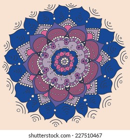 Oriental mandala motif round lace pattern, like snowflake or mehndi paint of deep vibrant colors.