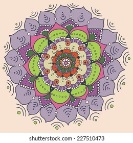Oriental mandala motif round lace pattern, like snowflake or mehndi paint of deep vibrant colors.