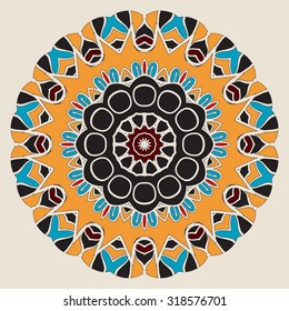 Oriental mandala motif round lace pattern background, like snowflake or mehndi paint on light yellow background. Colorful symmetry artwork.Colorful Handdrawn Islamic,Arabic,Indian,Asian,Ottoman motifs