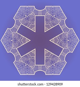 Oriental mandala motif round lase pattern on the violet background, like snowflake or mehndi paint