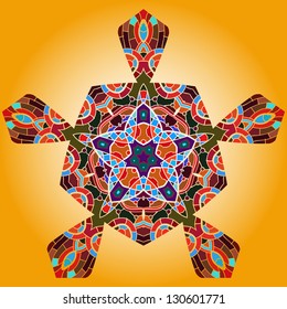 Oriental mandala motif round lase pattern on the yellow background, like snowflake or mehndi paint of orange color