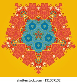 Oriental mandala motif round lase pattern on the yellow orange background, like snowflake or mehndi paint color background