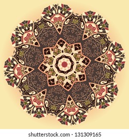 Oriental mandala motif round lase pattern on the yellow background, like snowflake or mehndi paint color background