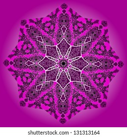 Oriental mandala motif round lase pattern on the violet background, like snowflake or mehndi paint of deep pink color