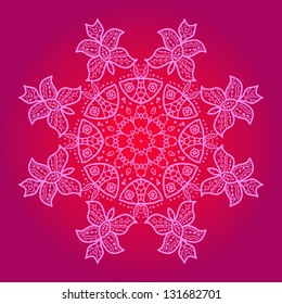Oriental mandala motif round lase pattern on the pink background, like snowflake or mehndi paint in red and blue