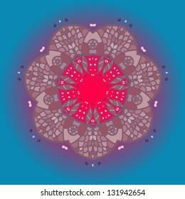 Oriental mandala motif round lase pattern on the blue background, like snowflake or mehndi paint in light-blue color. What is karma? Ethnic backgrounds native art concept