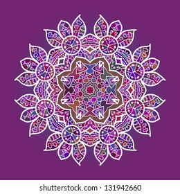 Oriental mandala motif round lase pattern on the pink background, like snowflake or mehndi paint in red and blue. what is karma?