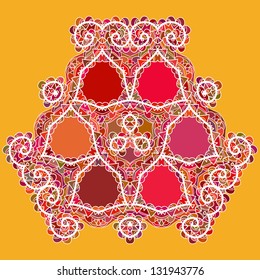 Oriental mandala motif round lase pattern on the yellow background, like snowflake or mehndi paint of orange color. Ethnic backgrounds concept. what is karma?