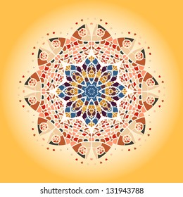 Oriental mandala motif round lase pattern on the yellow background, like snowflake or mehndi paint of orange color. Ethnic backgrounds concept