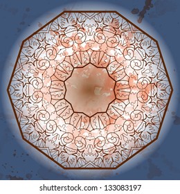 Oriental mandala motif round lase pattern on the blue background, like snowflake or mehndi paint in blue color.