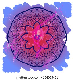 Oriental mandala motif round lase pattern on the blue background, like snowflake or mehndi paint in light-blue color.