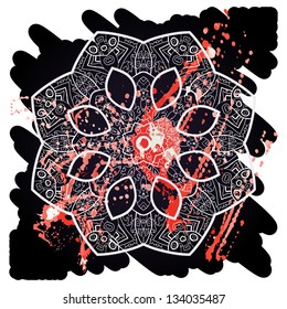 Oriental mandala motif round lase pattern on the black background, like snowflake or mehndi paint in light color with watercolor element on backdrop. What is karma?
