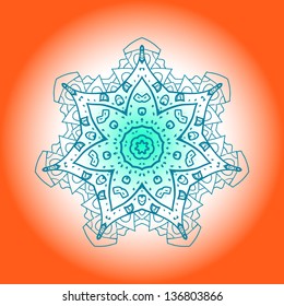 Oriental mandala motif round lase pattern on the orange background, like snowflake or mehndi paint bright color. Ethnic backgrounds concept
