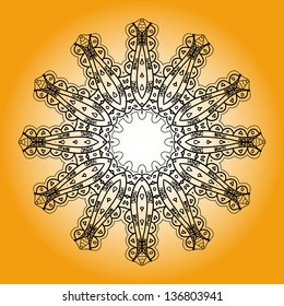 Oriental mandala motif round lase pattern on the yellow background, like snowflake or mehndi paint bright color. Ethnic backgrounds concept
