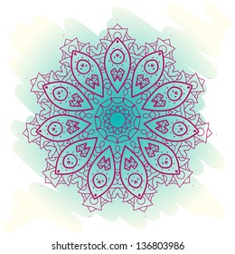 Oriental mandala motif round lase pattern on the blue background, like snowflake or mehndi paint on light-blue color. Ethnic backgrounds native art concept. What is karma?