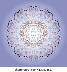 Oriental mandala motif round lase pattern on the blue background, like snowflake or mehndi paint in light color with watercolor element on backdrop. What is karma?