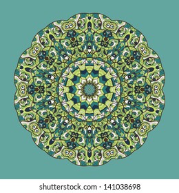 Oriental mandala motif round lase pattern on the black background, like snowflake or mehndi paint of deep red color