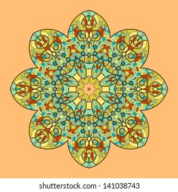 Oriental mandala motif round lase pattern on the yellow background, like snowflake or mehndi paint on yellow color background