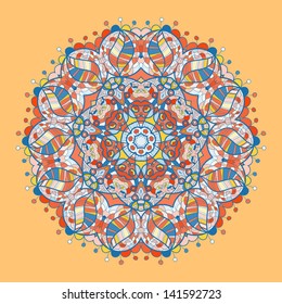 Oriental mandala motif round lase pattern on the yellow background, like snowflake or mehndi paint of orange color. Ethnic backgrounds concept. Hand drawn mandala. Round ornament with place for text